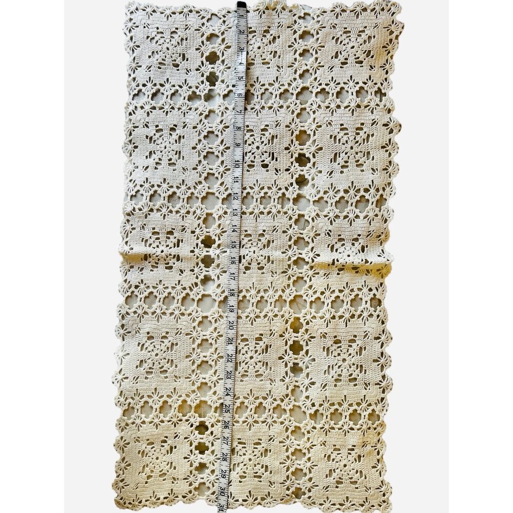 Hand-Crocheted Cream Table Runner Or Dresser Scarf Floral Pattern 31" X 17" VTG